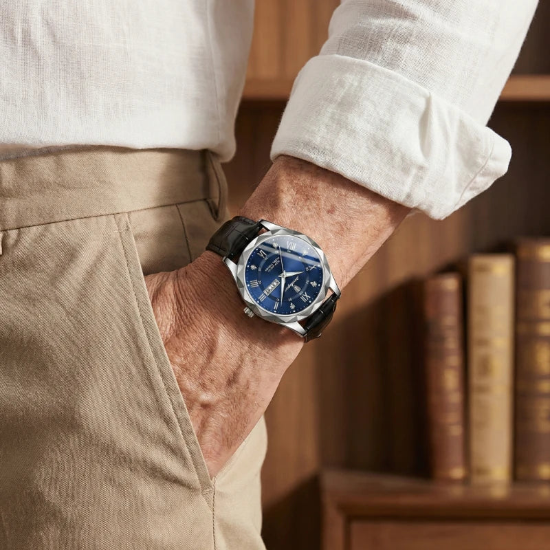 Relógio Masculino de Couro Poedagar Luminous Blue Steel 41mm
