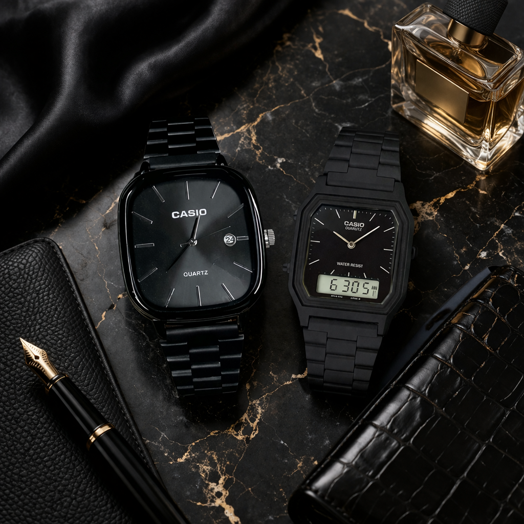 Kit 2 Relógios Casio Vintage ALL BLACK + Caixinha de Brinde