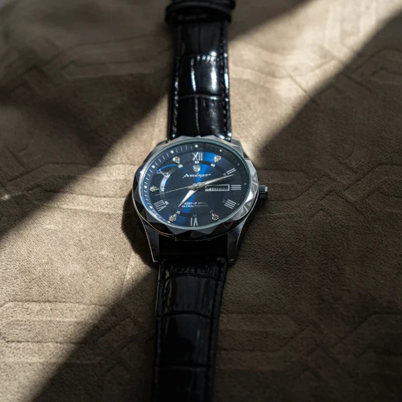 Relógio Masculino de Couro Poedagar Luminous Blue Steel 41mm