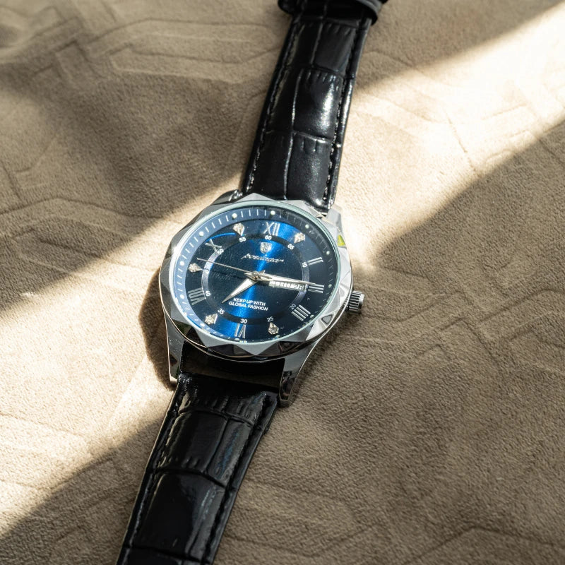 Relógio Masculino de Couro Poedagar Luminous Blue Steel 41mm