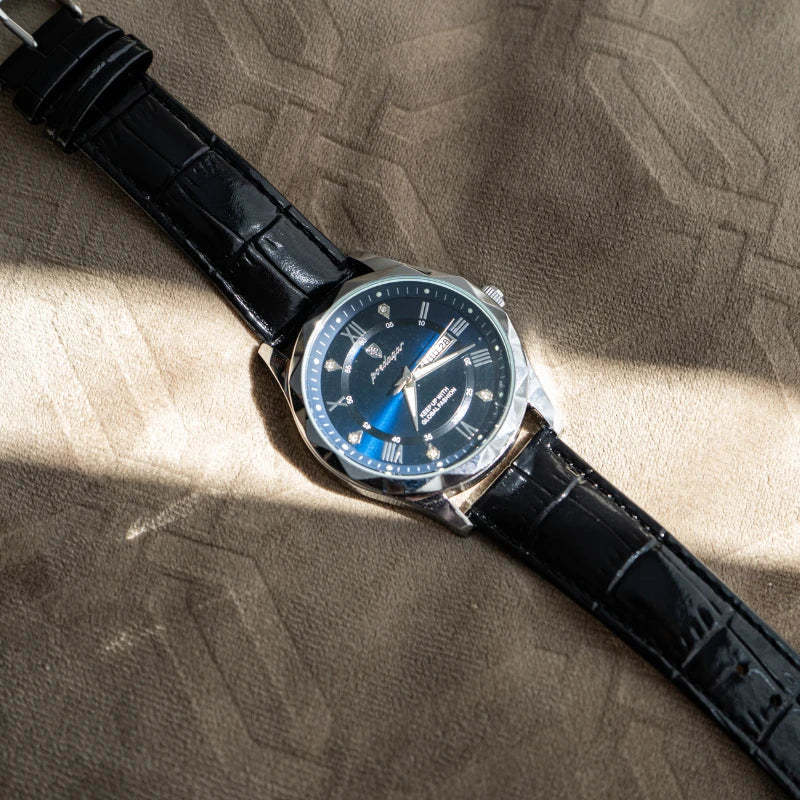 Relógio Masculino de Couro Poedagar Luminous Blue Steel 41mm