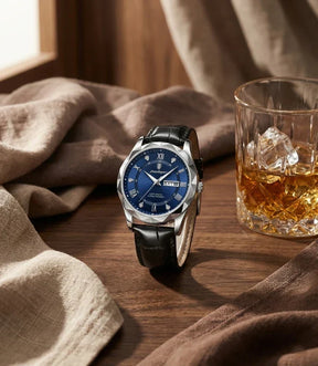 Relógio Masculino de Couro Poedagar Luminous Blue Steel 41mm